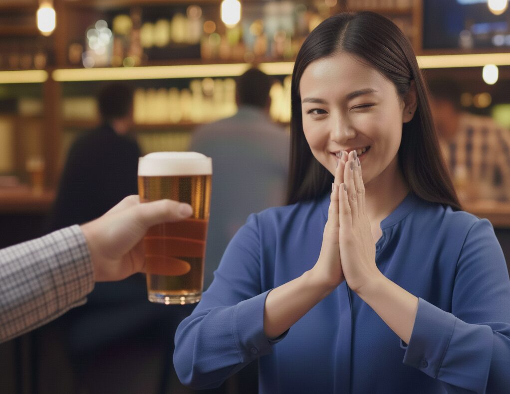 謝罪してビールを断っている女性