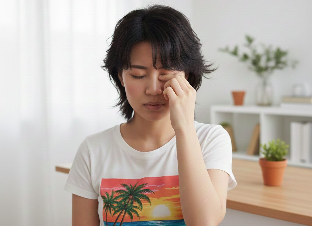 目をこすっている女性