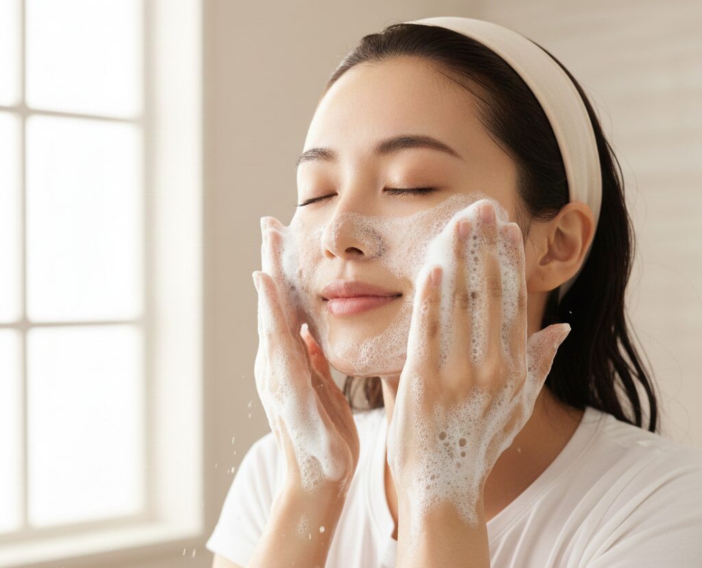 やさしくクレンジングや洗顔をする