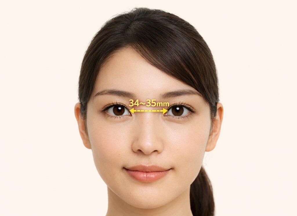 日本人の目と目の間の平均値：34〜35mm