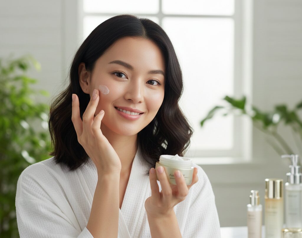 保湿・紫外線対策をしている女性