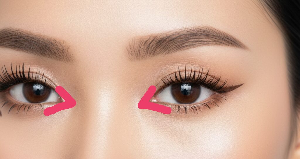 目頭をくの字ラインで締める求心アイメイク