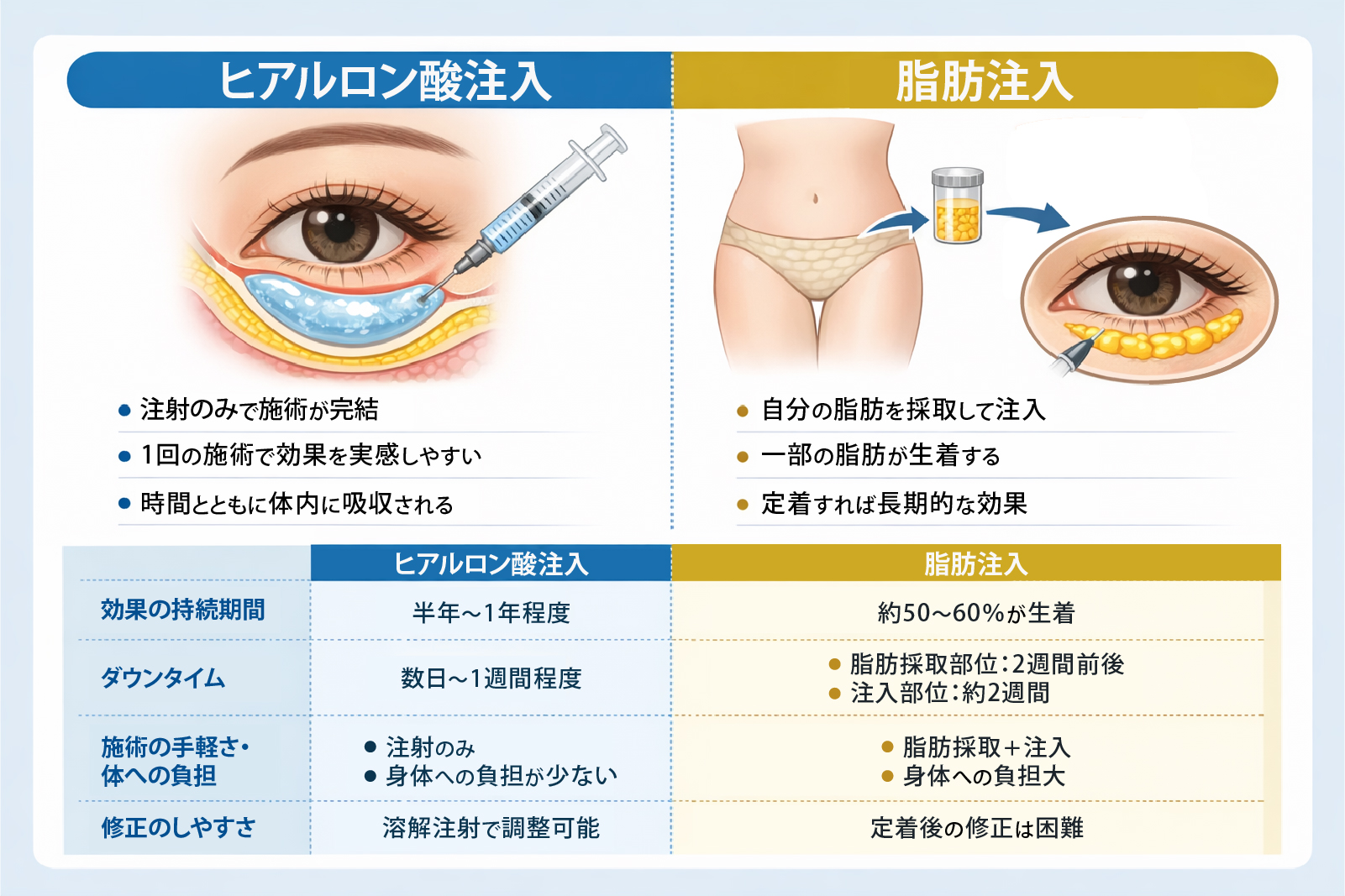目の下のヒアルロン酸注入と脂肪注入の比較表