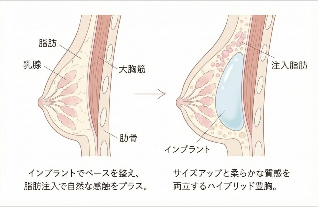 ハイブリッド豊胸の説明
インプラントでベースを整え、脂肪注入で自然な感触をプラス。
サイズアップと柔らかな質感を両立するハイブリッド豊胸