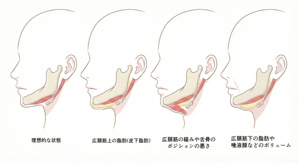 ペリカン手術のイメージ画像
理想的な状態と顎下に膨らみがある状態の比較