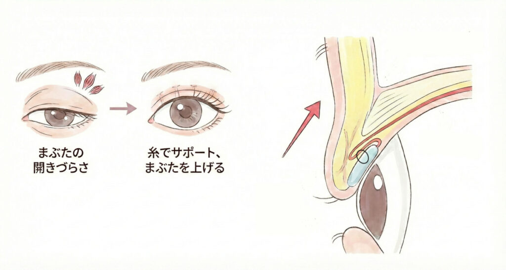 切らない眼瞼下垂の説明画像
瞼の開きづらさを糸でサボートする