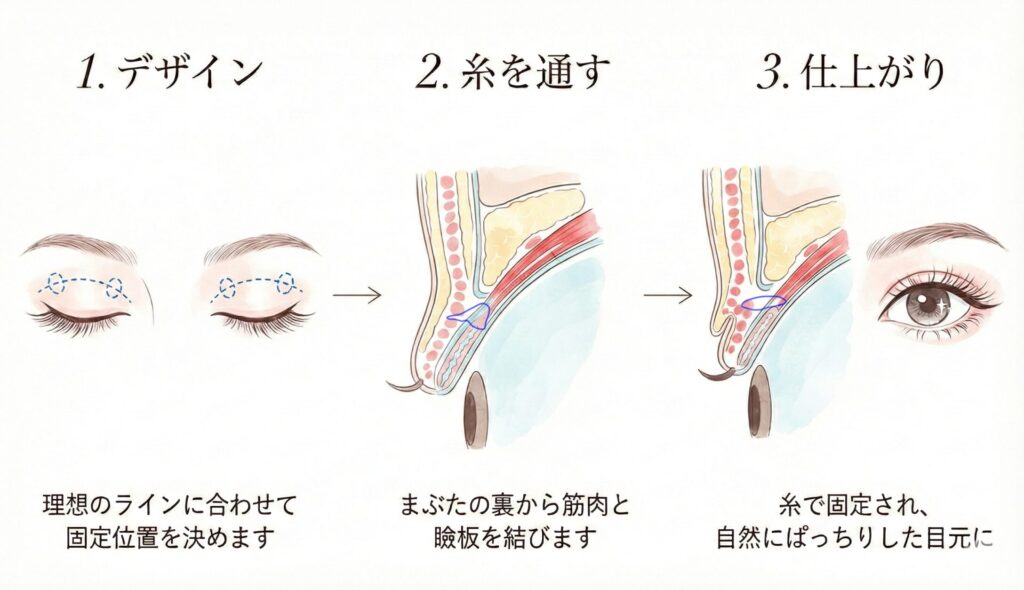 切らない眼瞼下垂の施術説明画像
理想のラインを決めて、瞼の裏から筋肉と瞼板を糸で結ぶ